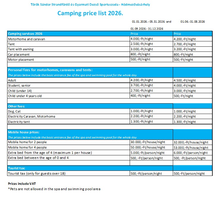 Kemping pricelist 2026 Camping pricelist 2026