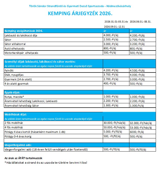 Kemping árlista 2026 Kemping árlista 2026
