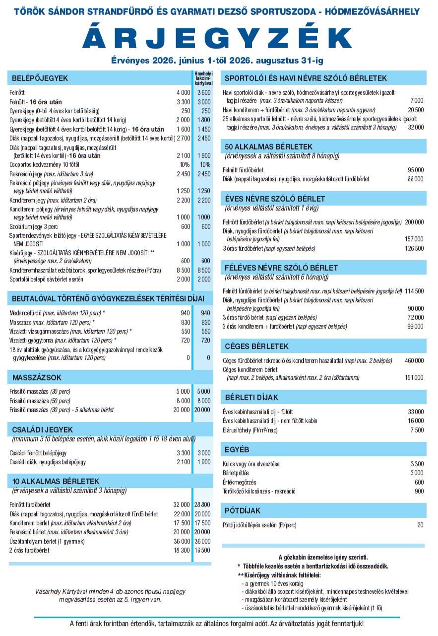Nyári árjegyzék 2026. Nyári árjegyzék 2026.